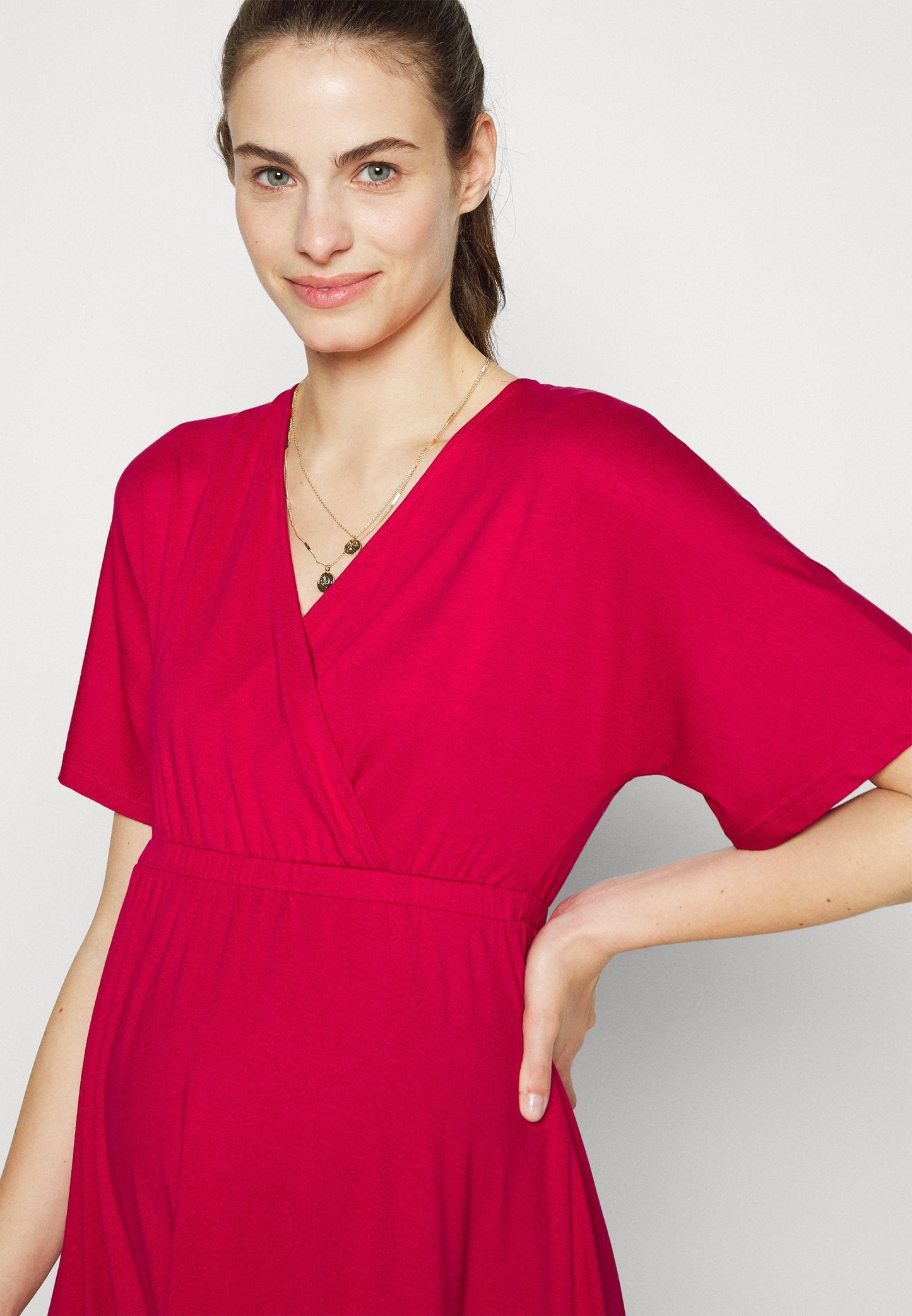 Short Sleeves Flared Mini Dress- Jersey Dress - Red