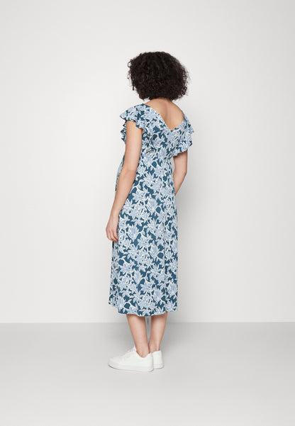  Midi V Flared Dress Witrh Ruffle Sleevees - Jersey Dress - Dark Blue/Blue