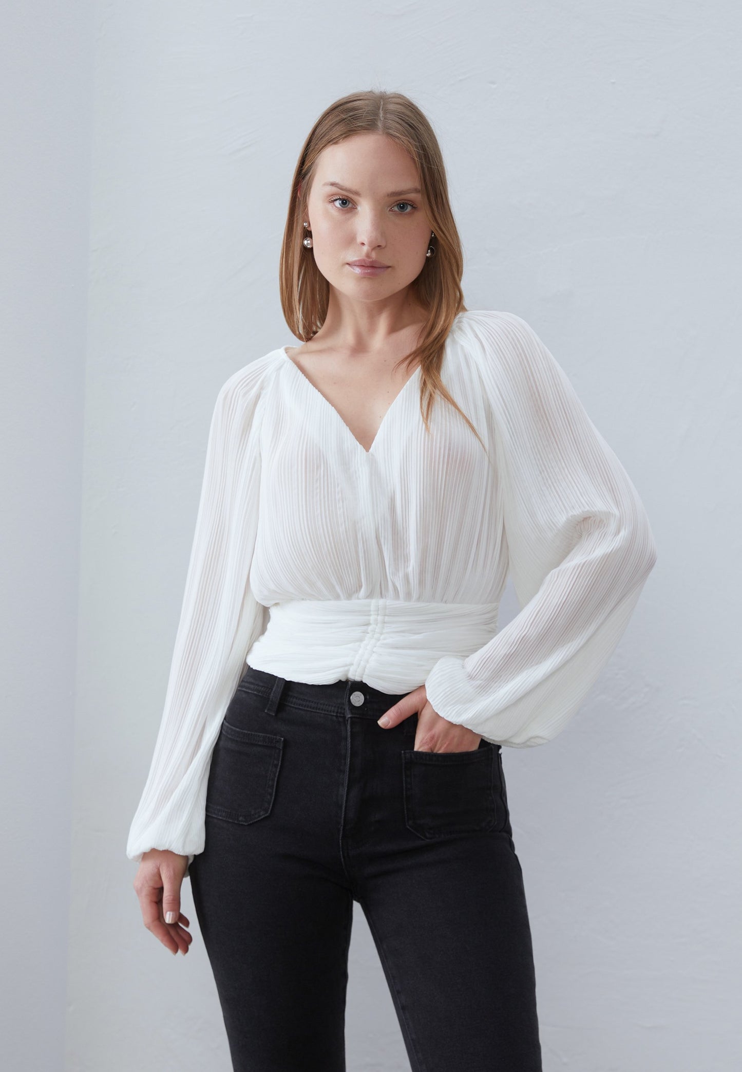 Anna Field CROPPED PLISSE TUNIC - Blouse - Offwhite