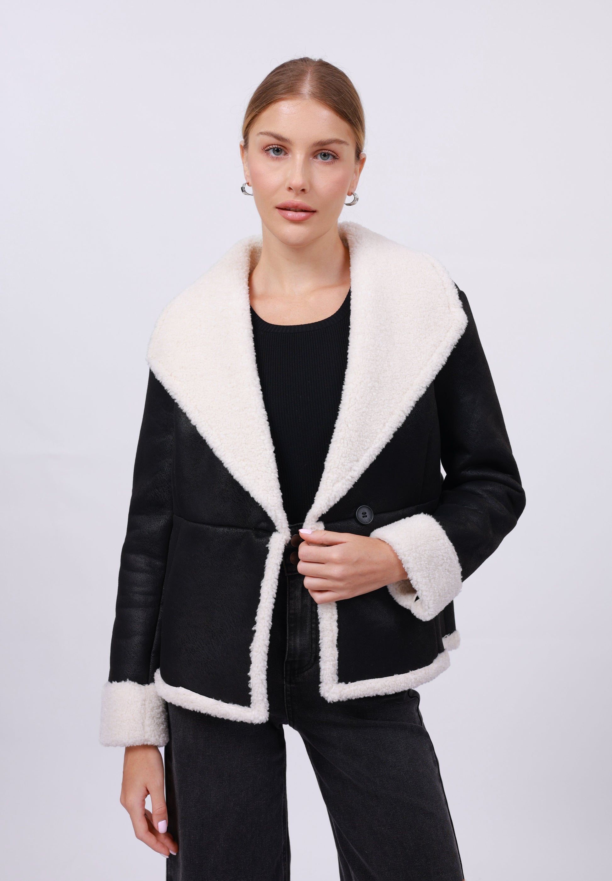 Anna Field FLEECE BLAZER - Winter Jacket - Black/cream