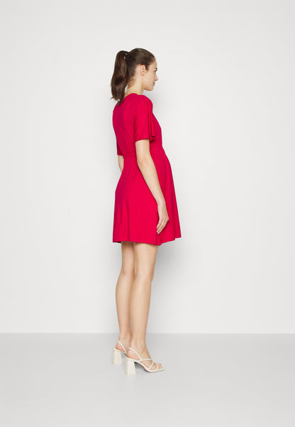  Short Sleeves Flared Mini Dress- Jersey Dress - Red