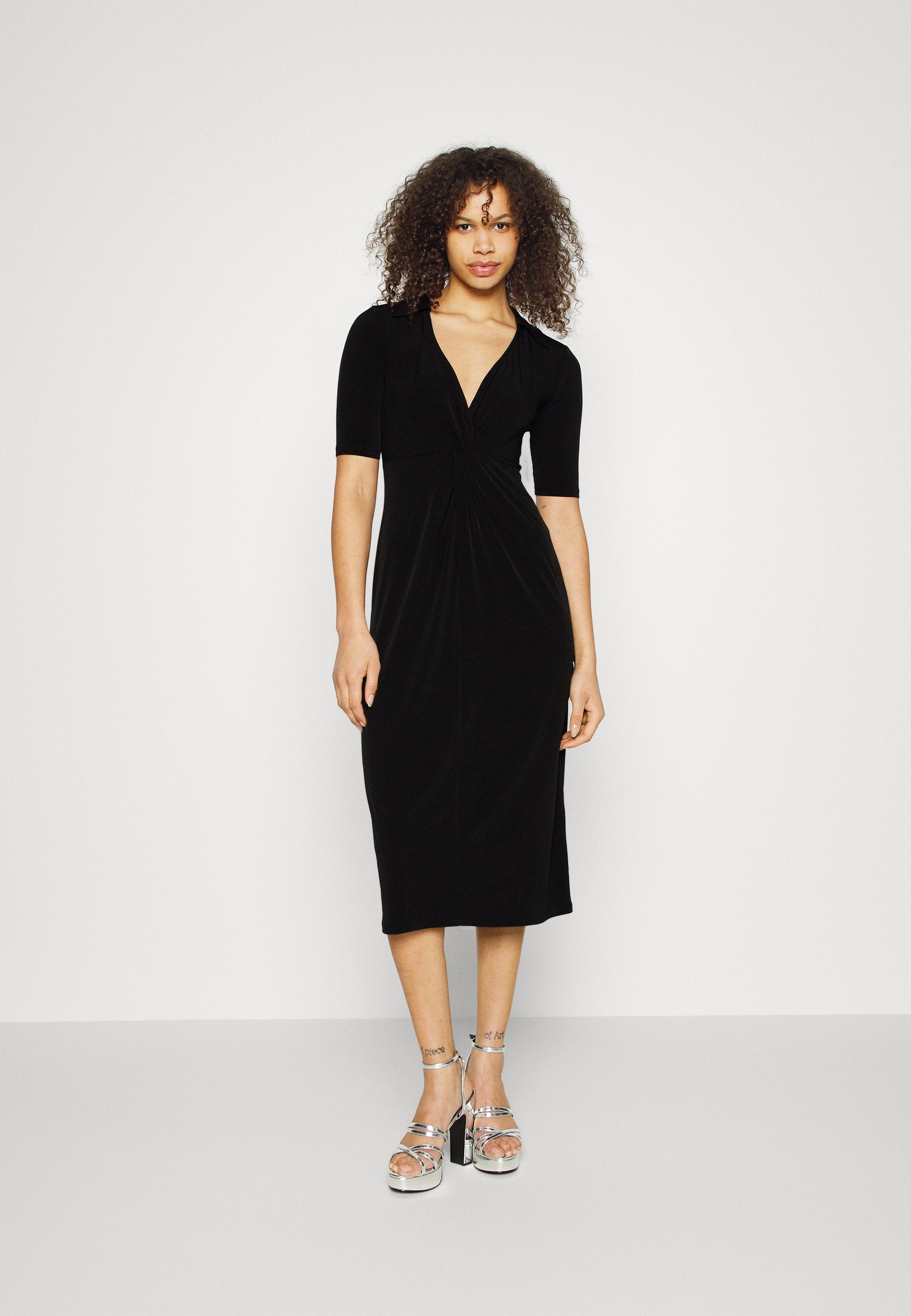  Center Front Knot Low Midi Dress - Day Dress - Black