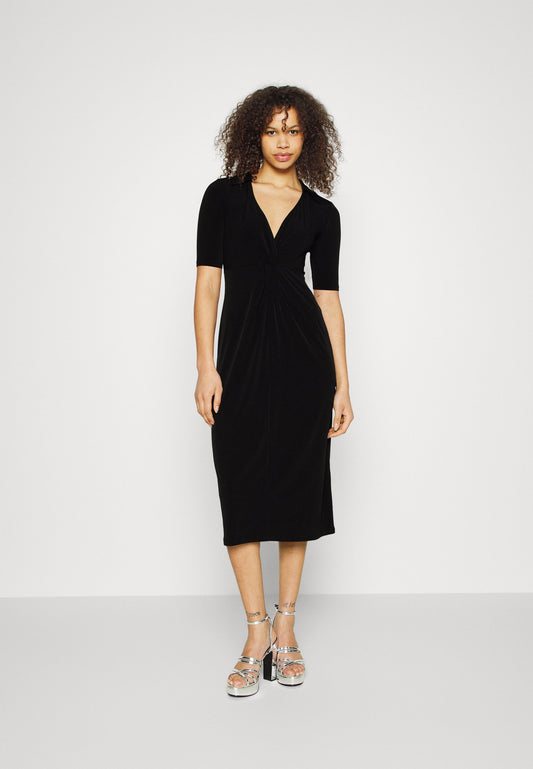  Center Front Knot Low Midi Dress - Day Dress - Black