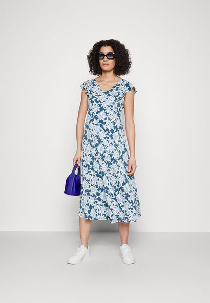  Midi V Flared Dress Witrh Ruffle Sleevees - Jersey Dress - Dark Blue/Blue