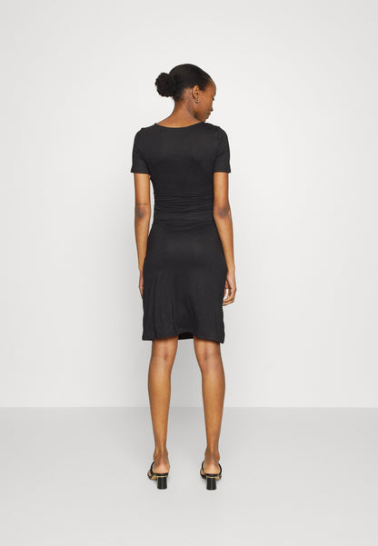 Short Sleeves Ruched Waist Mini Flared Dress - Jersey Dress - Black
