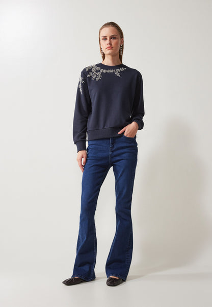 Anna Field RHINESTONE FLOWER SWEATER - Sweatshirt - Dark Blue