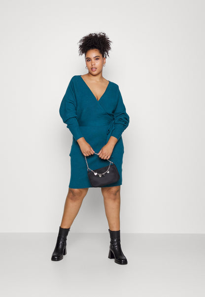  Wrap V Ausschnitt Mini Strickkleid Mit Gürtel - Jumper Dress - Teal