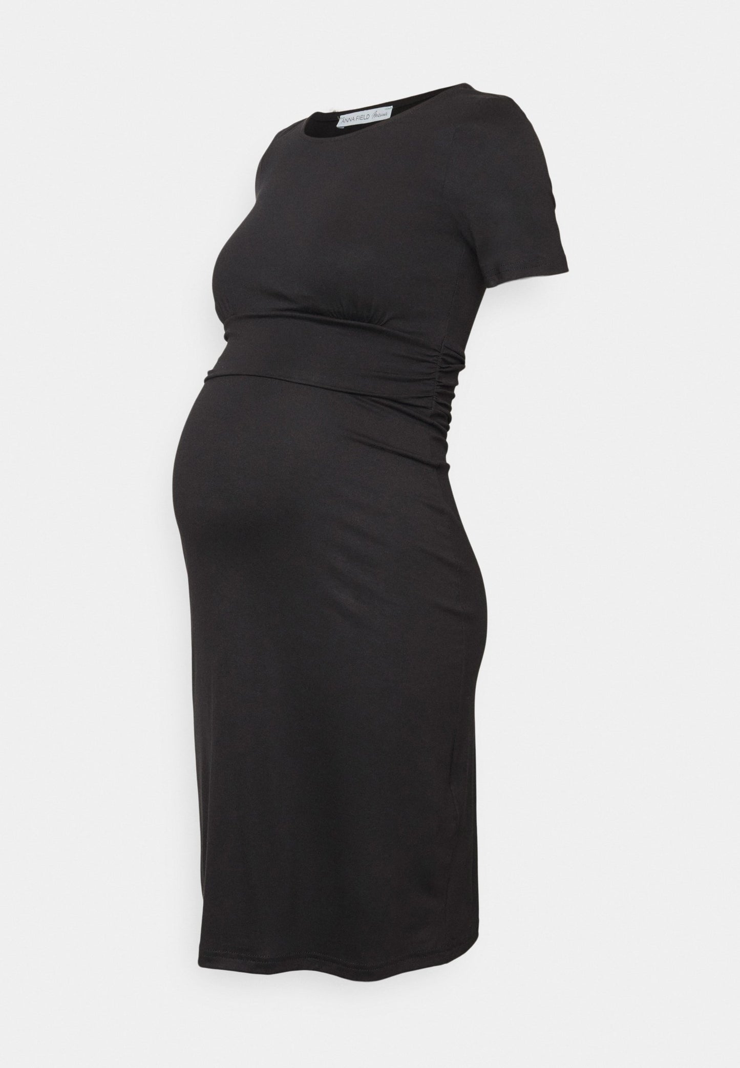  Short Sleeves Ruched Waist Mini Flared Dress - Jersey Dress - Black