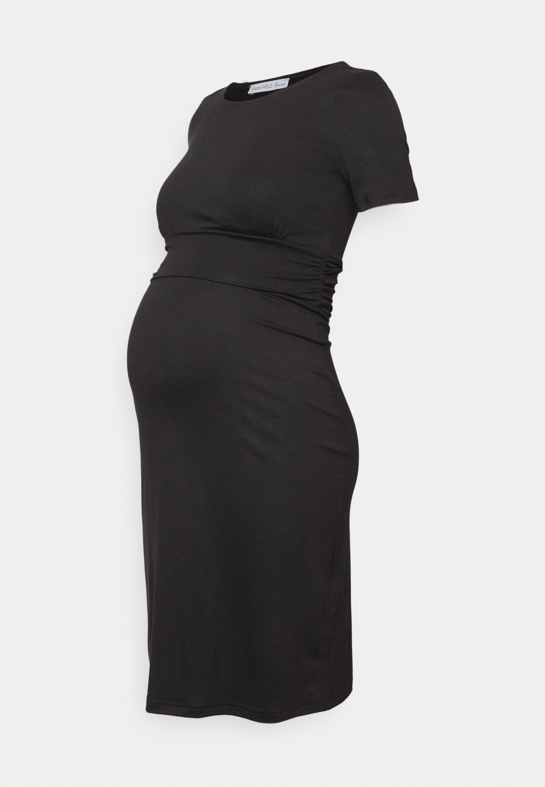  Short Sleeves Ruched Waist Mini Flared Dress - Jersey Dress - Black