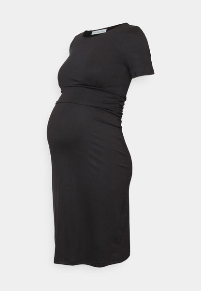  Short Sleeves Ruched Waist Mini Flared Dress - Jersey Dress - Black
