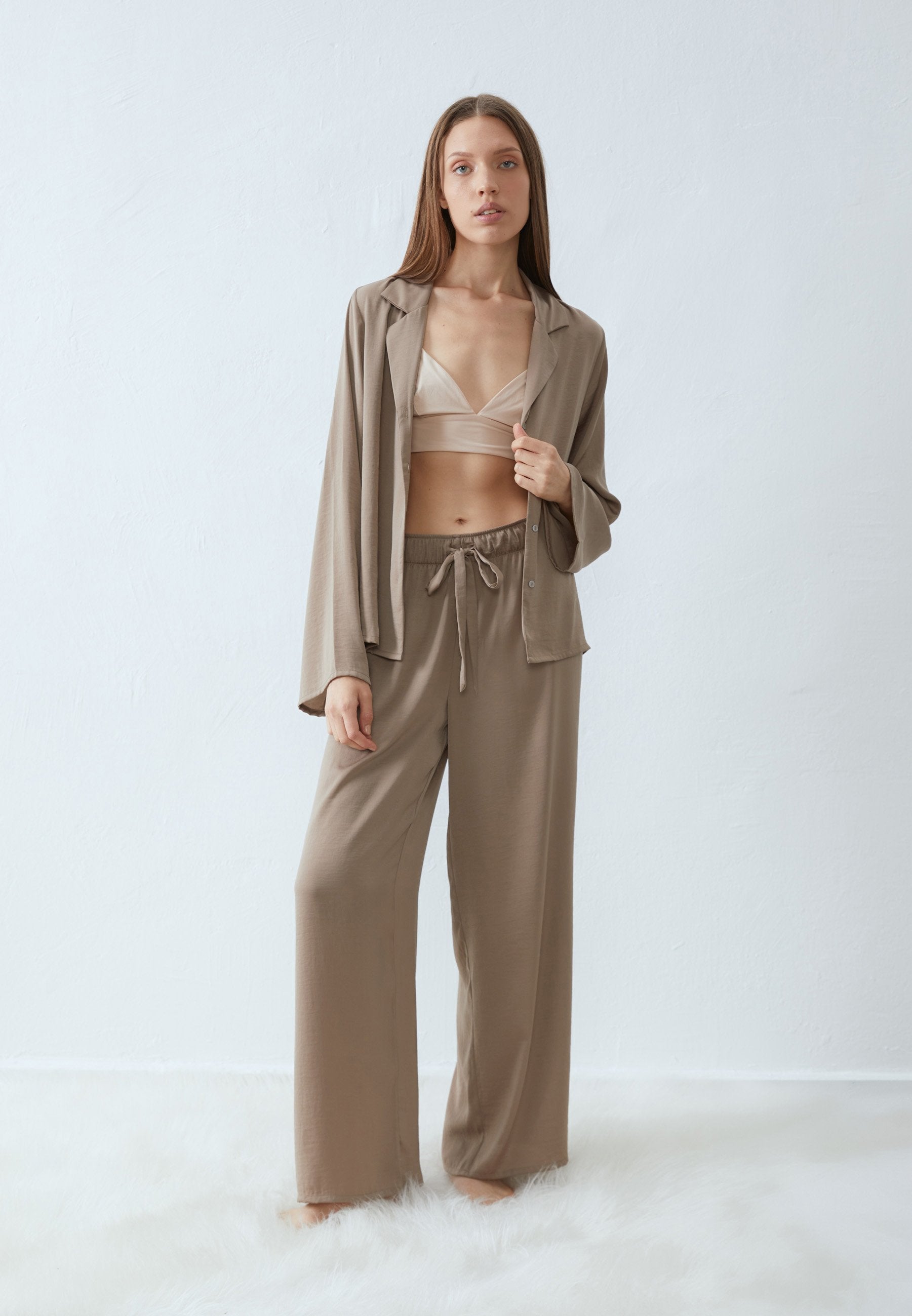 Anna Field HAMMERED SATIN SET - Pyjama Set - Light Brown