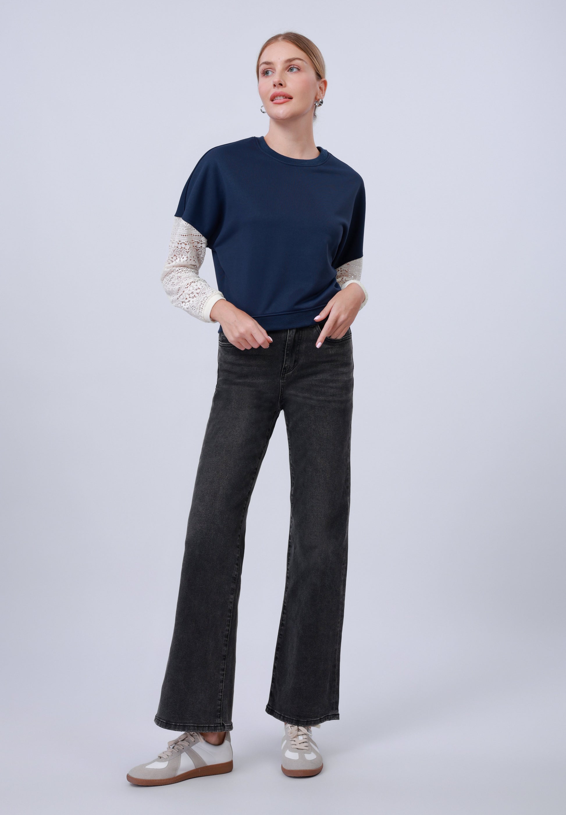 Anna Field LACE SLEEVE - Sweatshirt - Navy