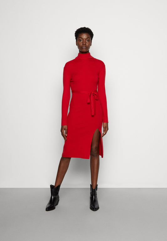 Anna Field Rollkragen Ripp Mini Strickkleid Mit Gürtel - Jumper Dress - Red