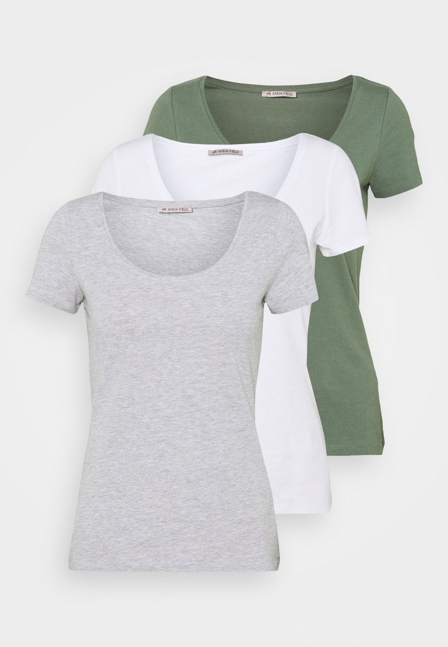 Anna Field 3 Pack - Basic T-Shirt - White/Mottled Light Grey/Light Green
