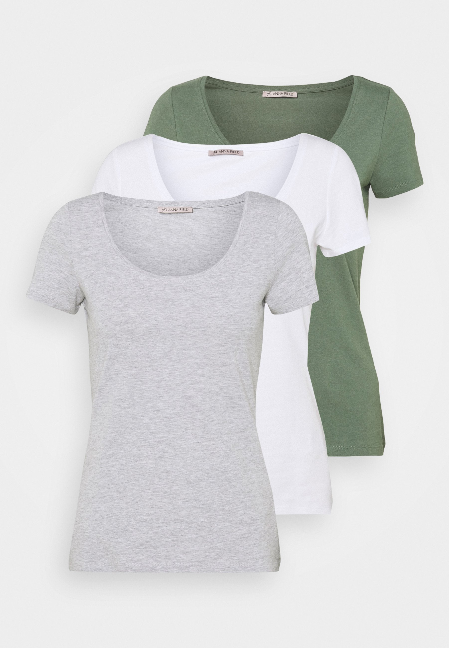 Anna Field 3 Pack - Basic T-Shirt - White/Mottled Light Grey/Light Green