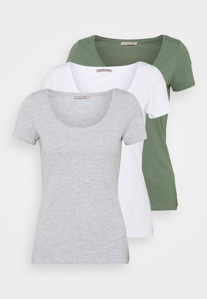 Anna Field 3 Pack - Basic T-Shirt - White/Mottled Light Grey/Light Green