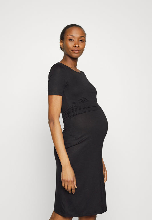  Short Sleeves Ruched Waist Mini Flared Dress - Jersey Dress - Black