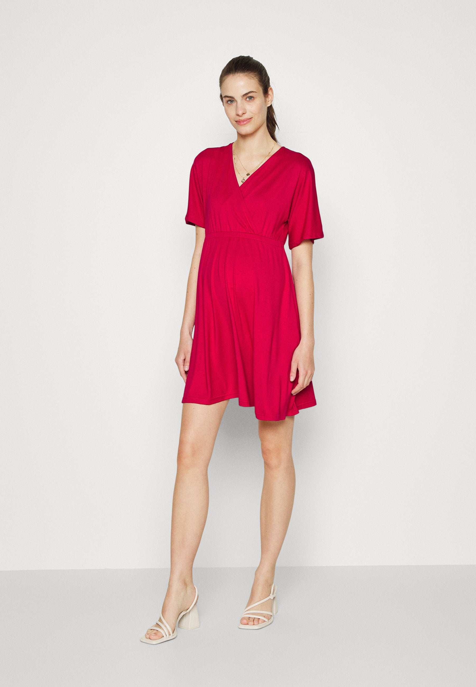  Short Sleeves Flared Mini Dress- Jersey Dress - Red