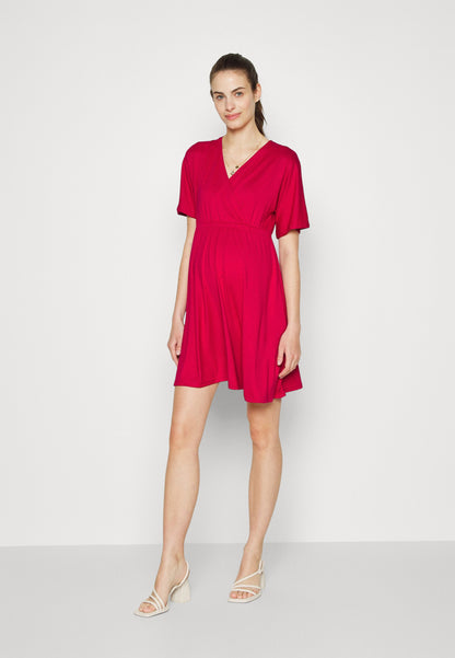  Short Sleeves Flared Mini Dress- Jersey Dress - Red