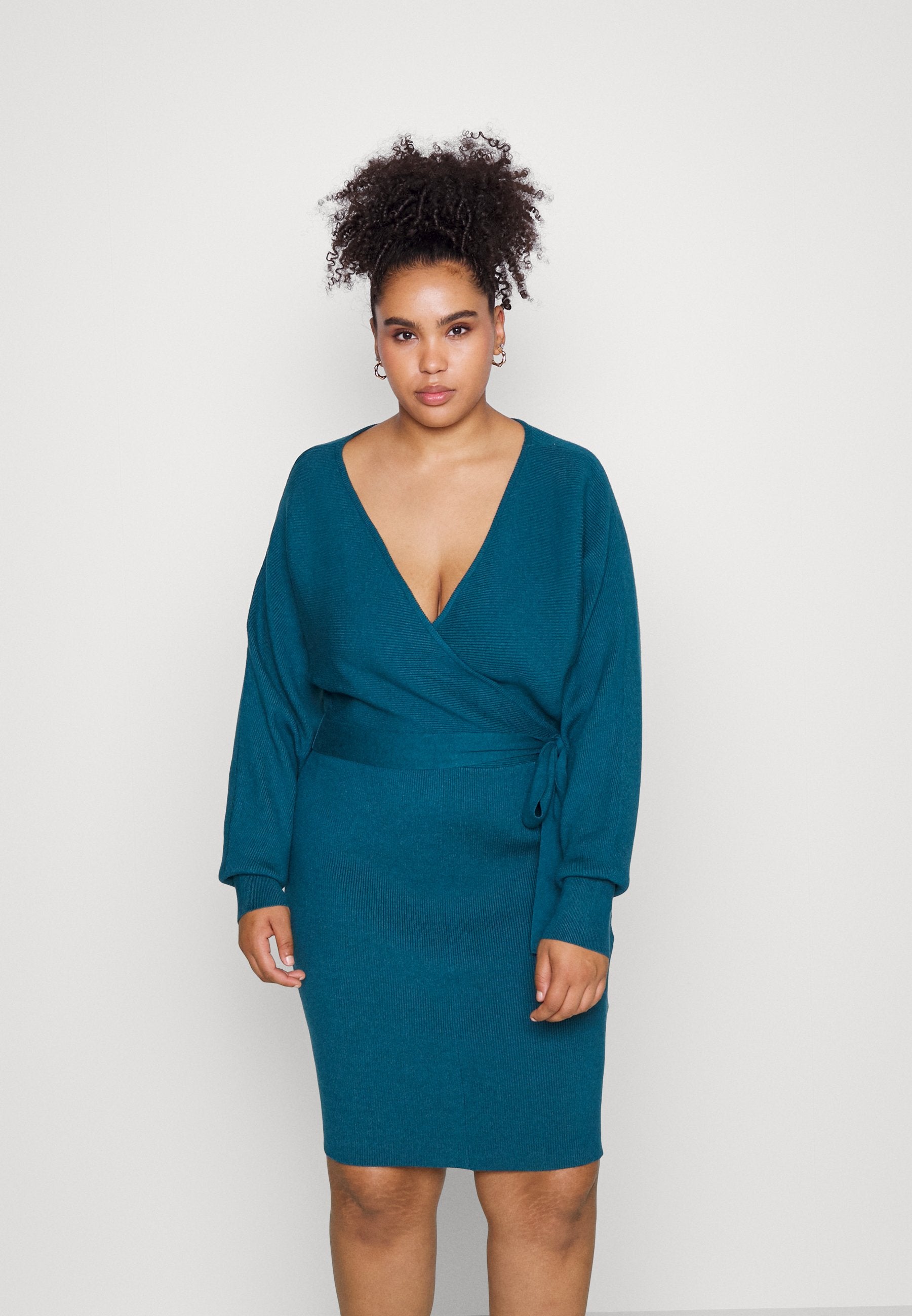  Wrap V Ausschnitt Mini Strickkleid Mit Gürtel - Jumper Dress - Teal