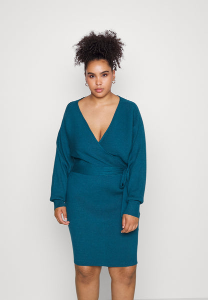  Wrap V Ausschnitt Mini Strickkleid Mit Gürtel - Jumper Dress - Teal