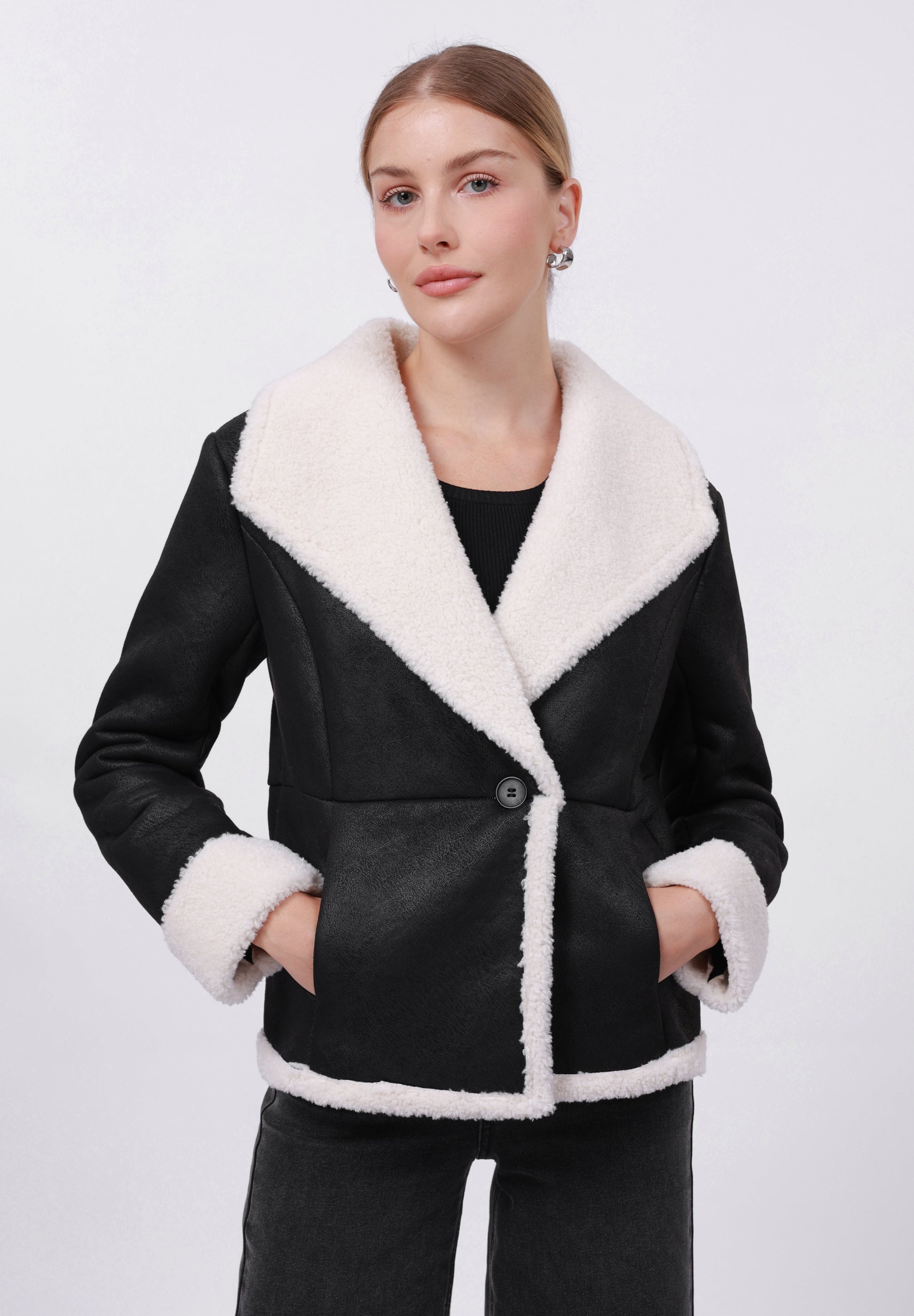 Anna Field FLEECE BLAZER - Winter Jacket - Black/cream