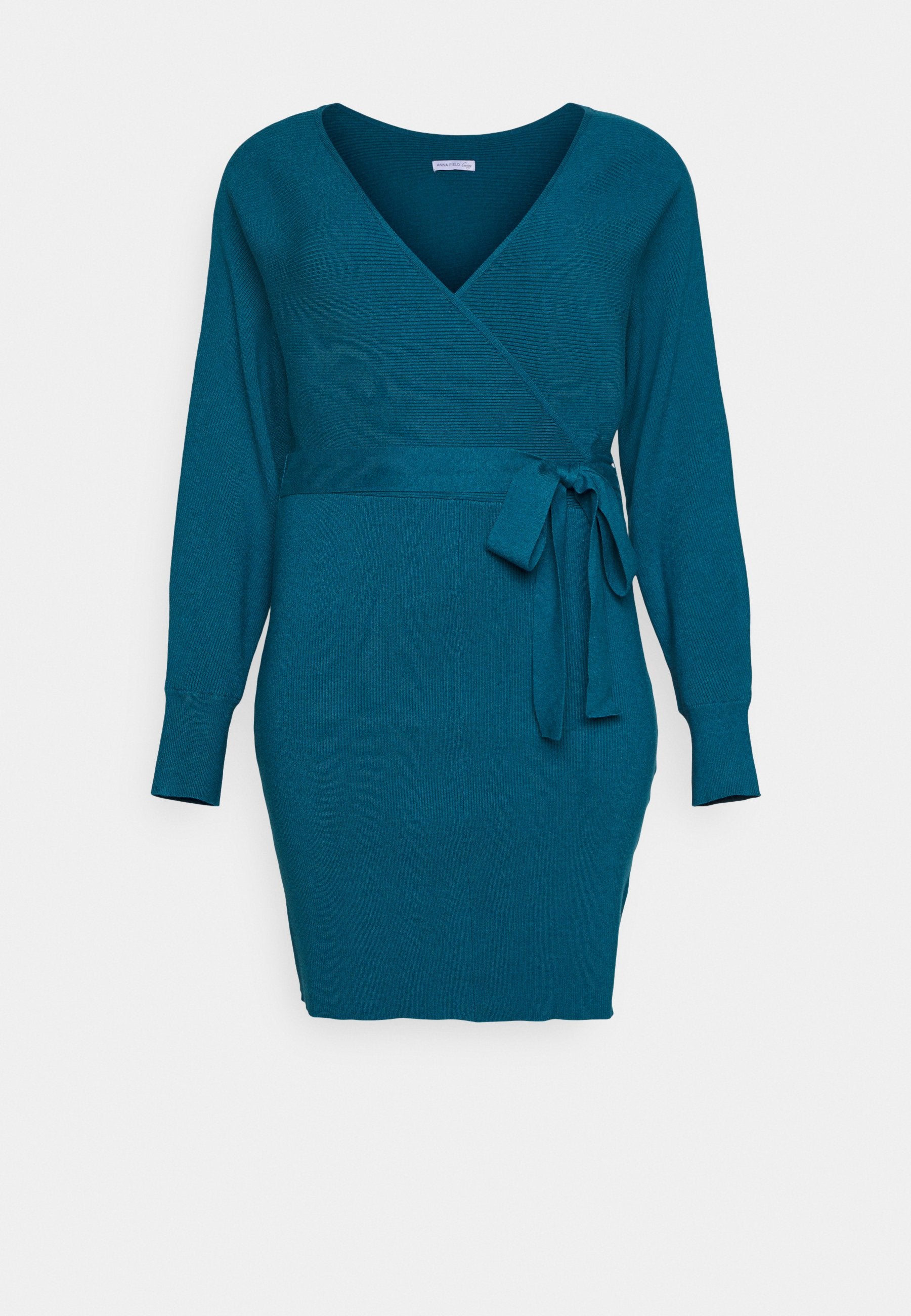  Wrap V Ausschnitt Mini Strickkleid Mit Gürtel - Jumper Dress - Teal