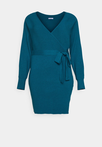  Wrap V Ausschnitt Mini Strickkleid Mit Gürtel - Jumper Dress - Teal